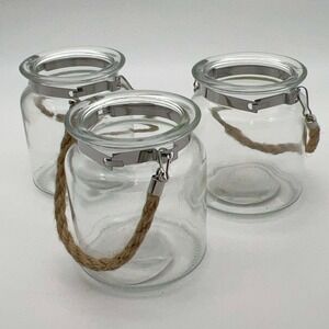 Glass Jar 3 pc Candle Holders Lanterns Rope Handle Rustic Farmhouse Decor 3x3.5